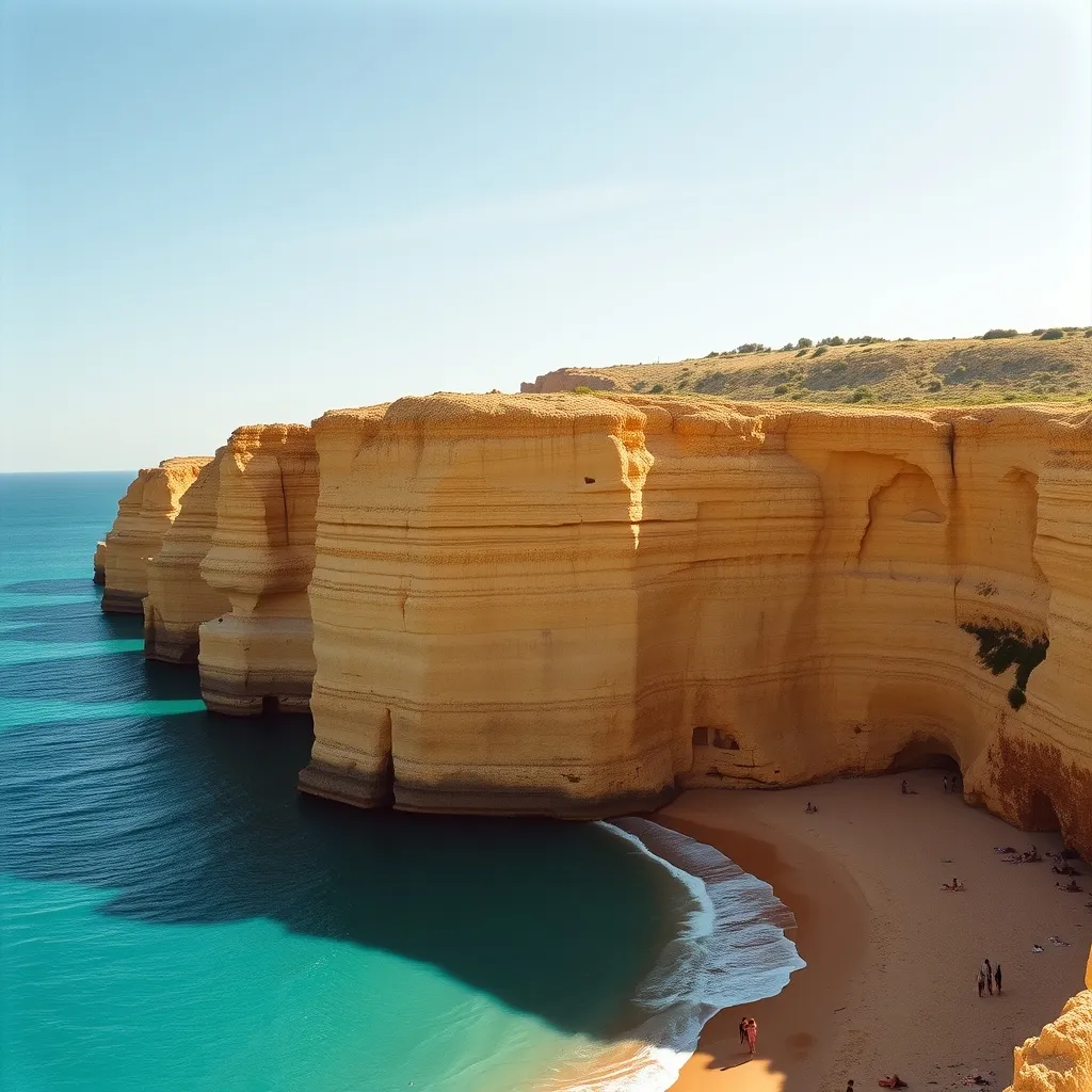 Les falaises dorées et l'eau turquoise de la plage de Marinha en Algarve