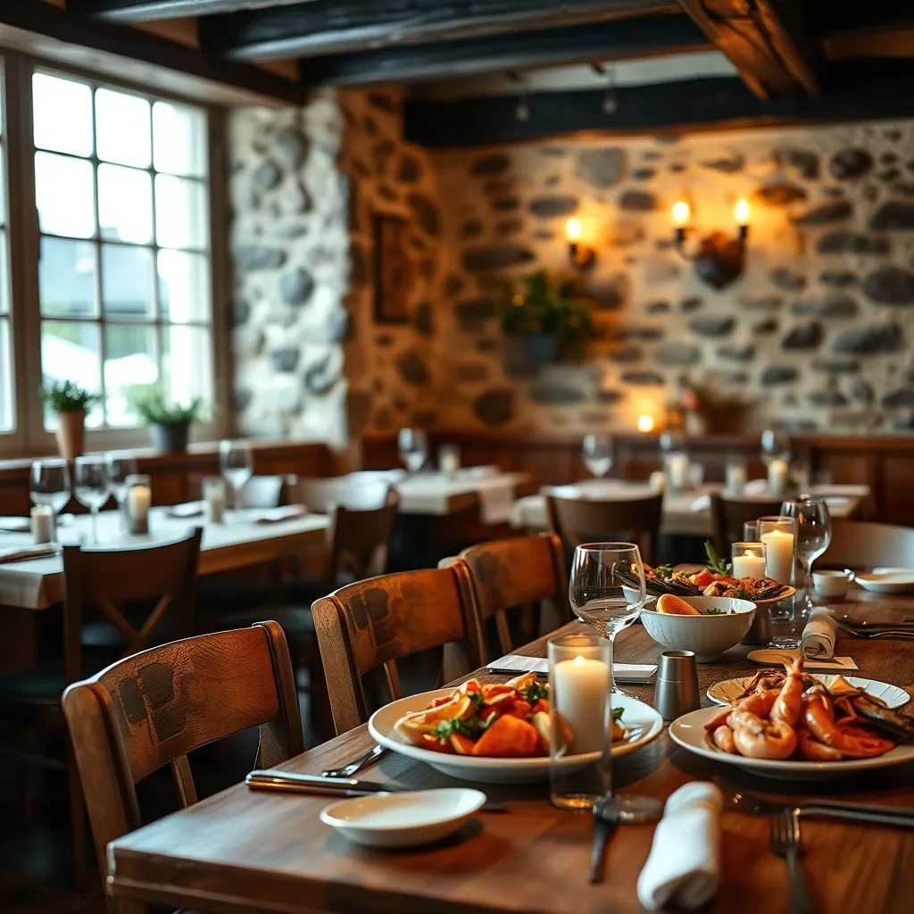 La salle de restaurant du village propose une cuisine bretonne généreuse et authentique