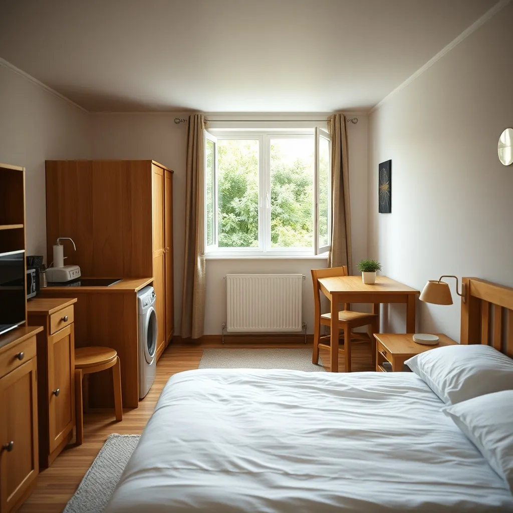 Les appartements T2 offrent un espace confortable avec kitchenette et vue sur le parc arboré