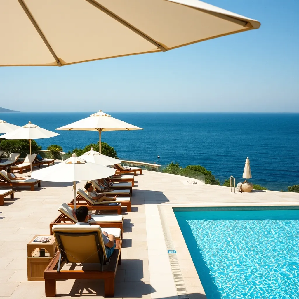 Piscine à débordement d'un resort all inclusive face à la Méditerranée en Sardaigne