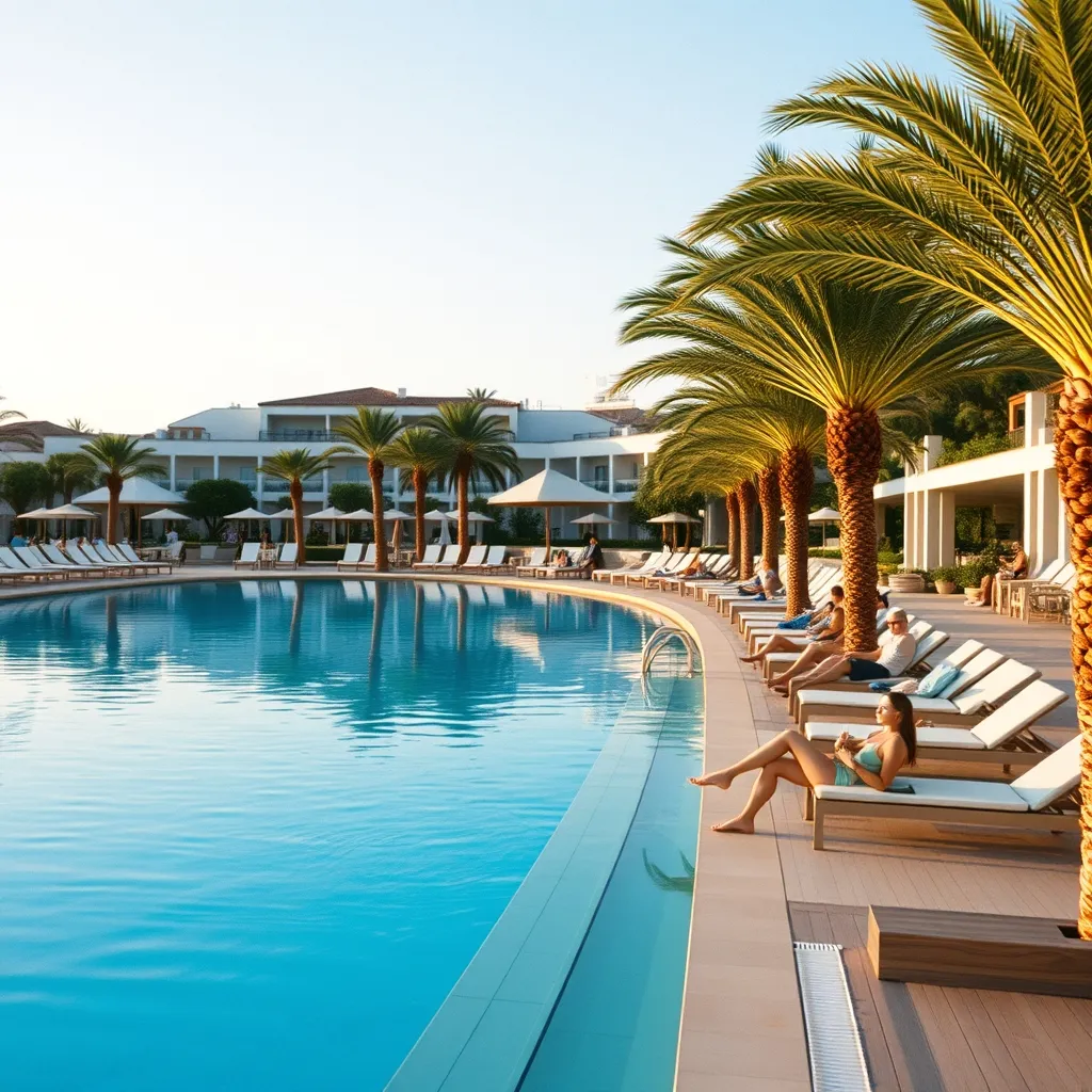 Piscine d'un resort tout compris en Sardaigne avec transats et palmiers