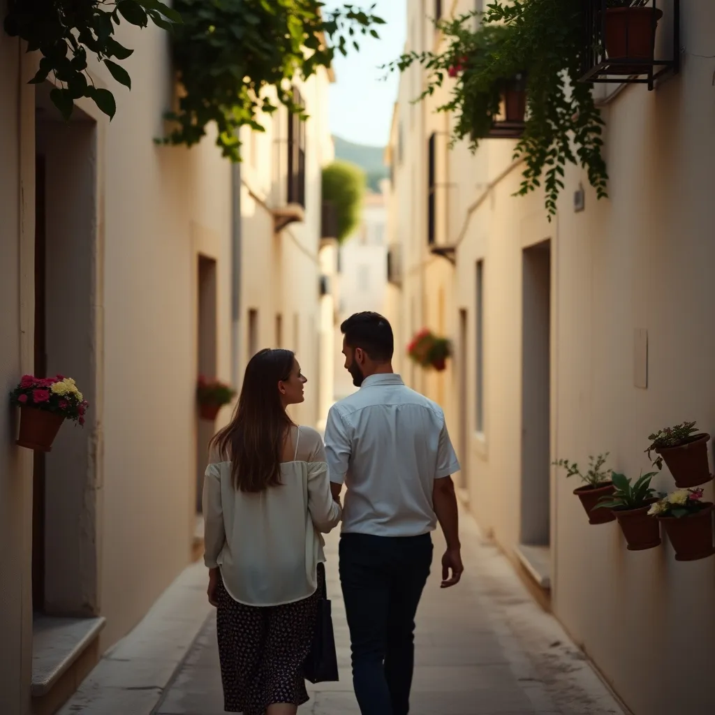 Promenade dans une ruelle typique des Pouilles aux maisons blanches fleuries
