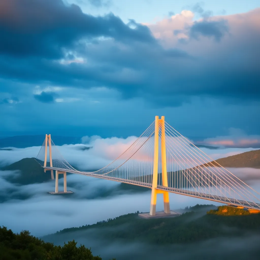 Le viaduc de Millau surplombant la vallée du Tarn au lever du soleil