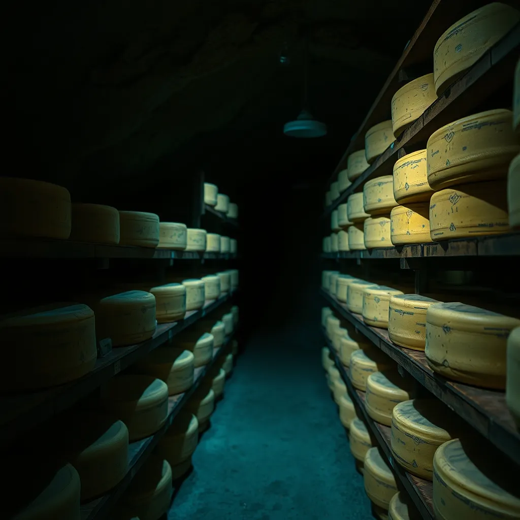 Affinage du Roquefort sur des étagères en chêne dans les caves naturelles du Combalou