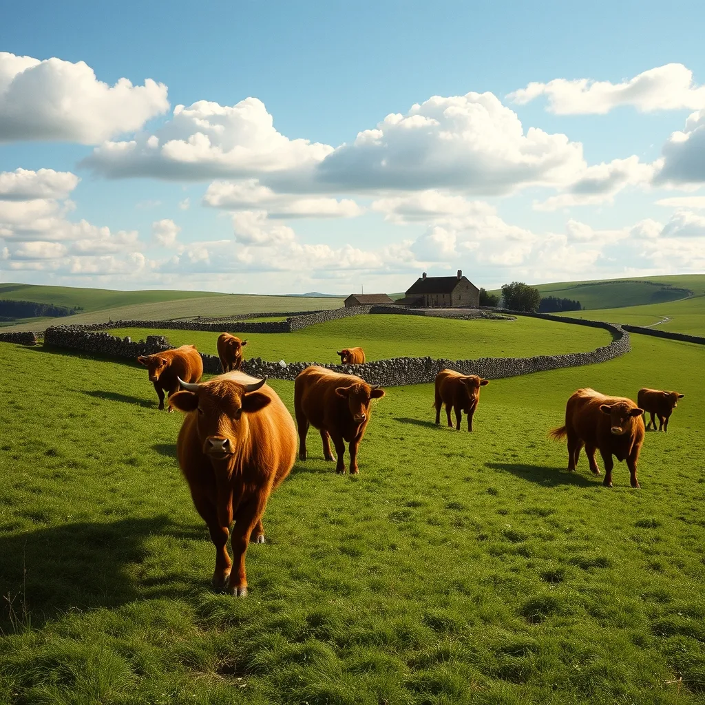 Vaches Aubrac en estive sur le plateau de l'Aubrac avec un buron traditionnel en arrière-plan