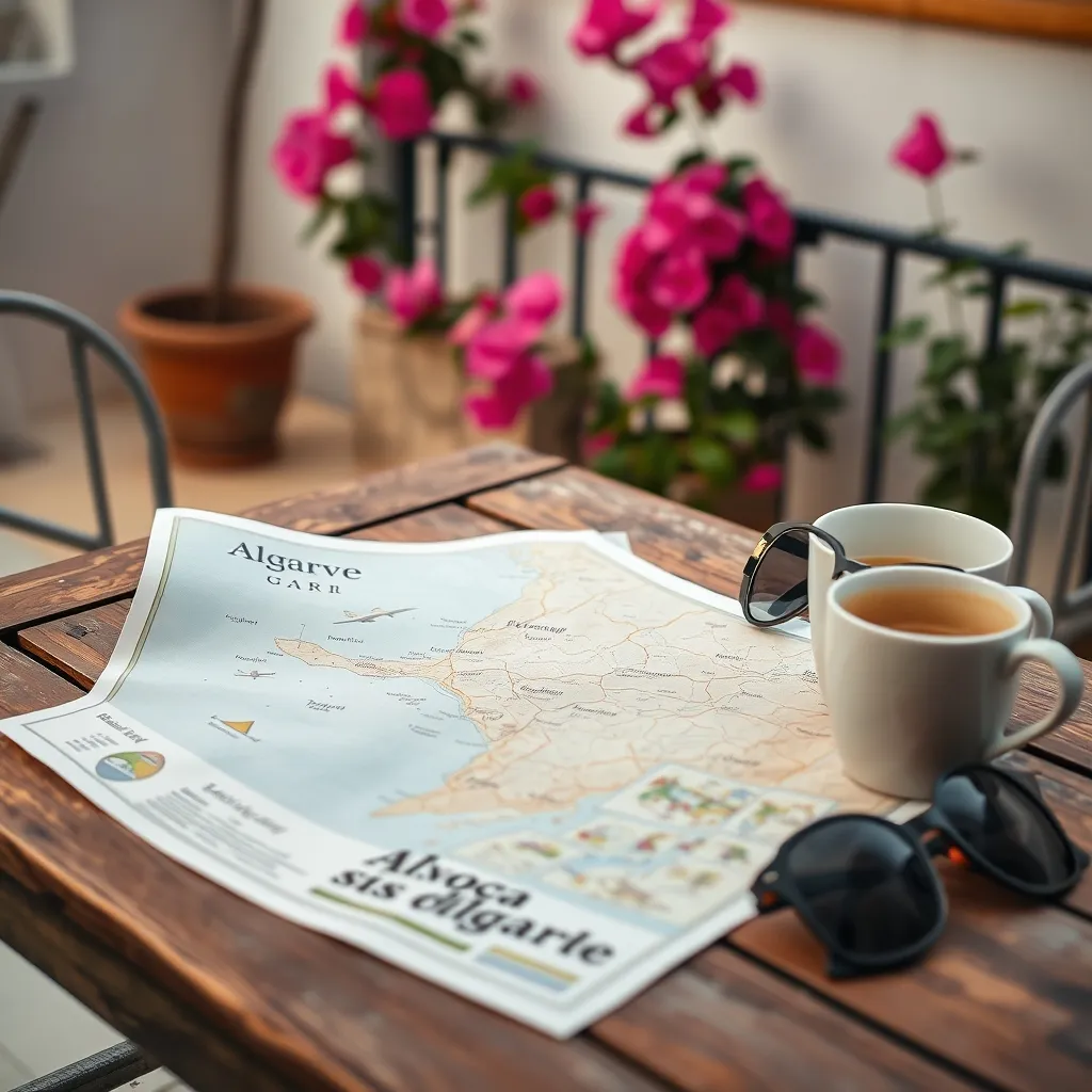 Une carte touristique de l'Algarve déployée sur une terrasse portugaise avant le départ en excursion