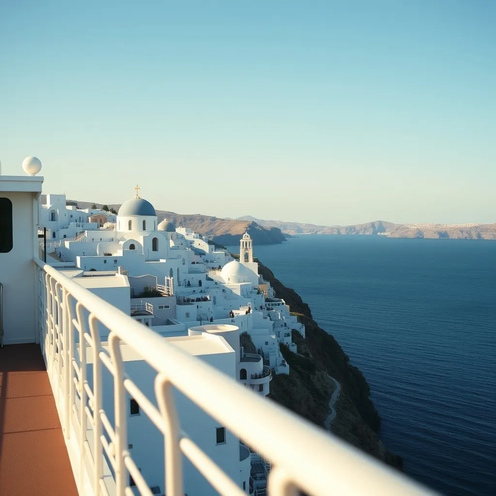 Vue sur Santorin depuis le pont d'un navire de croisière, escale emblématique de la Méditerranée orientale