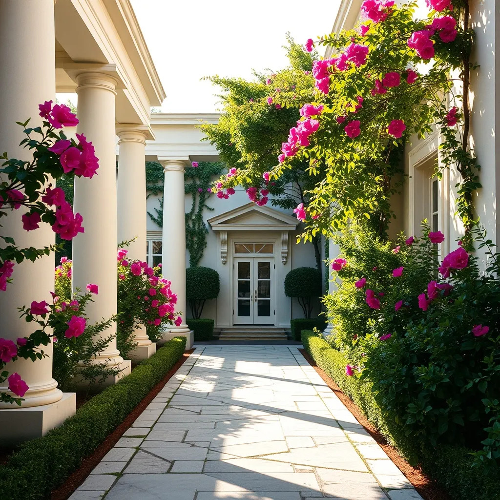 Façade d'un resort de luxe dans le Péloponnèse entouré de jardins méditerranéens