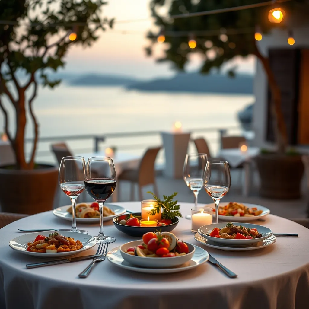Dîner gastronomique en terrasse avec vue sur la mer Égée