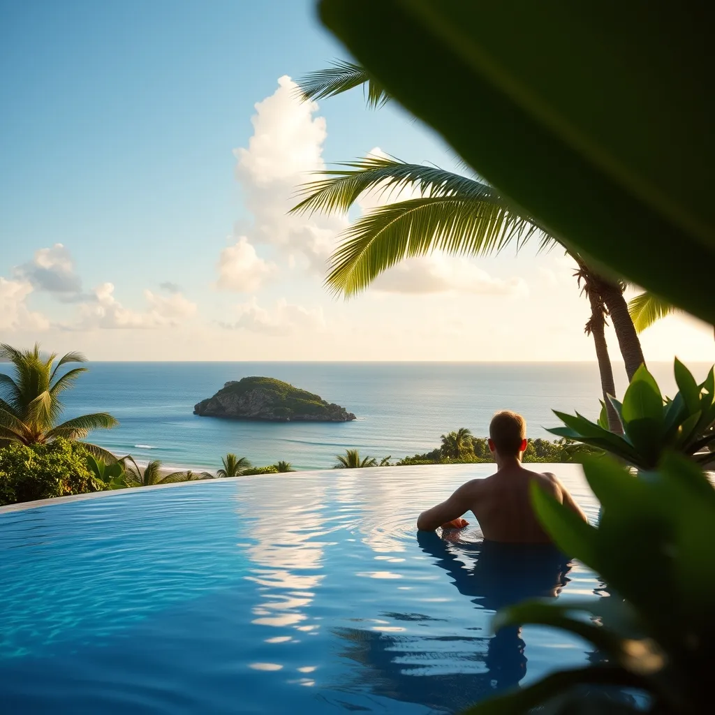 Piscine à débordement d'un resort en Guadeloupe face à la mer des Caraïbes