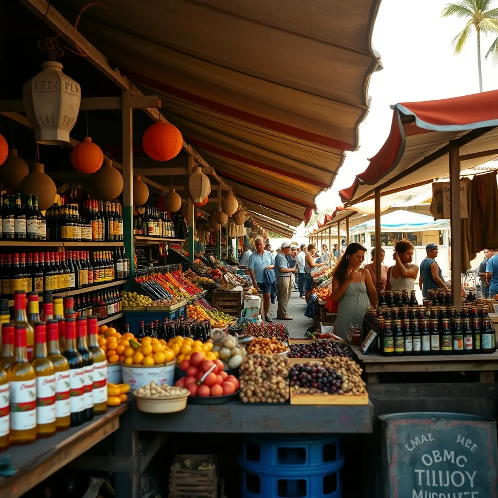 Marché créole en Guadeloupe avec fruits tropicaux et rhum agricole local