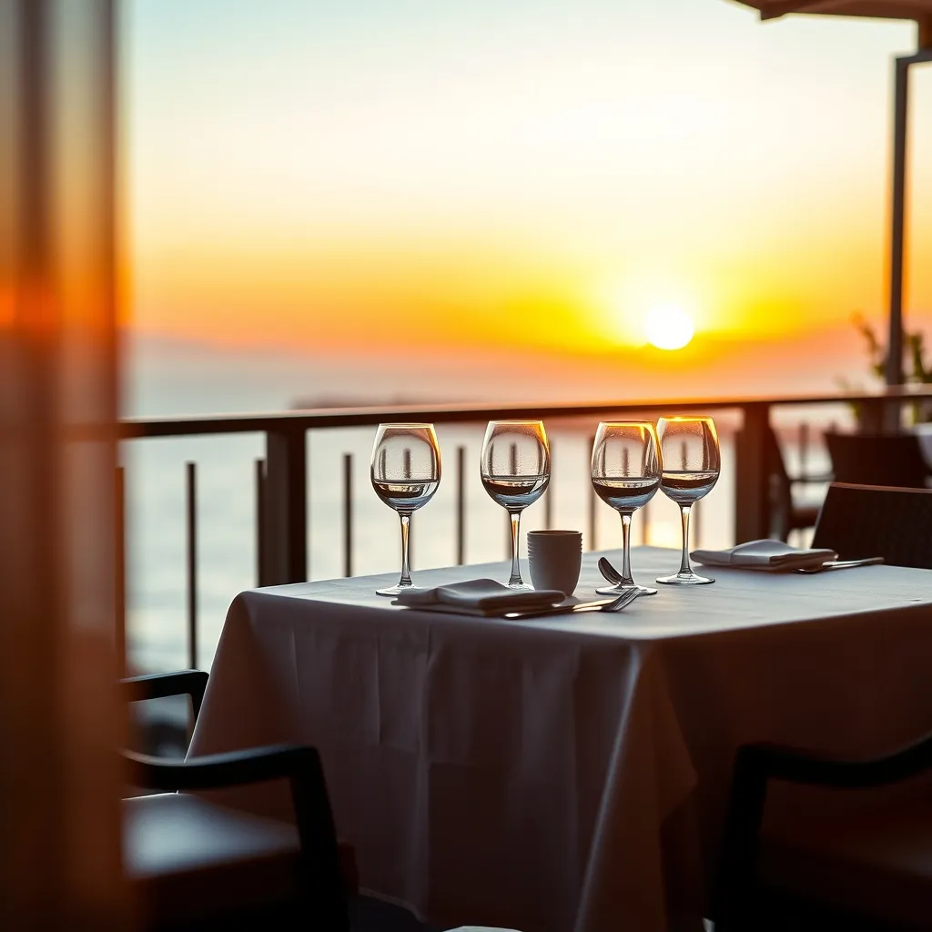 Terrasse du restaurant gastronomique avec vue sur le coucher de soleil atlantique