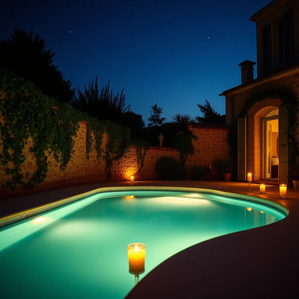 Bassin privatif chauffé en soirée dans un hôtel de charme du sud de la France
