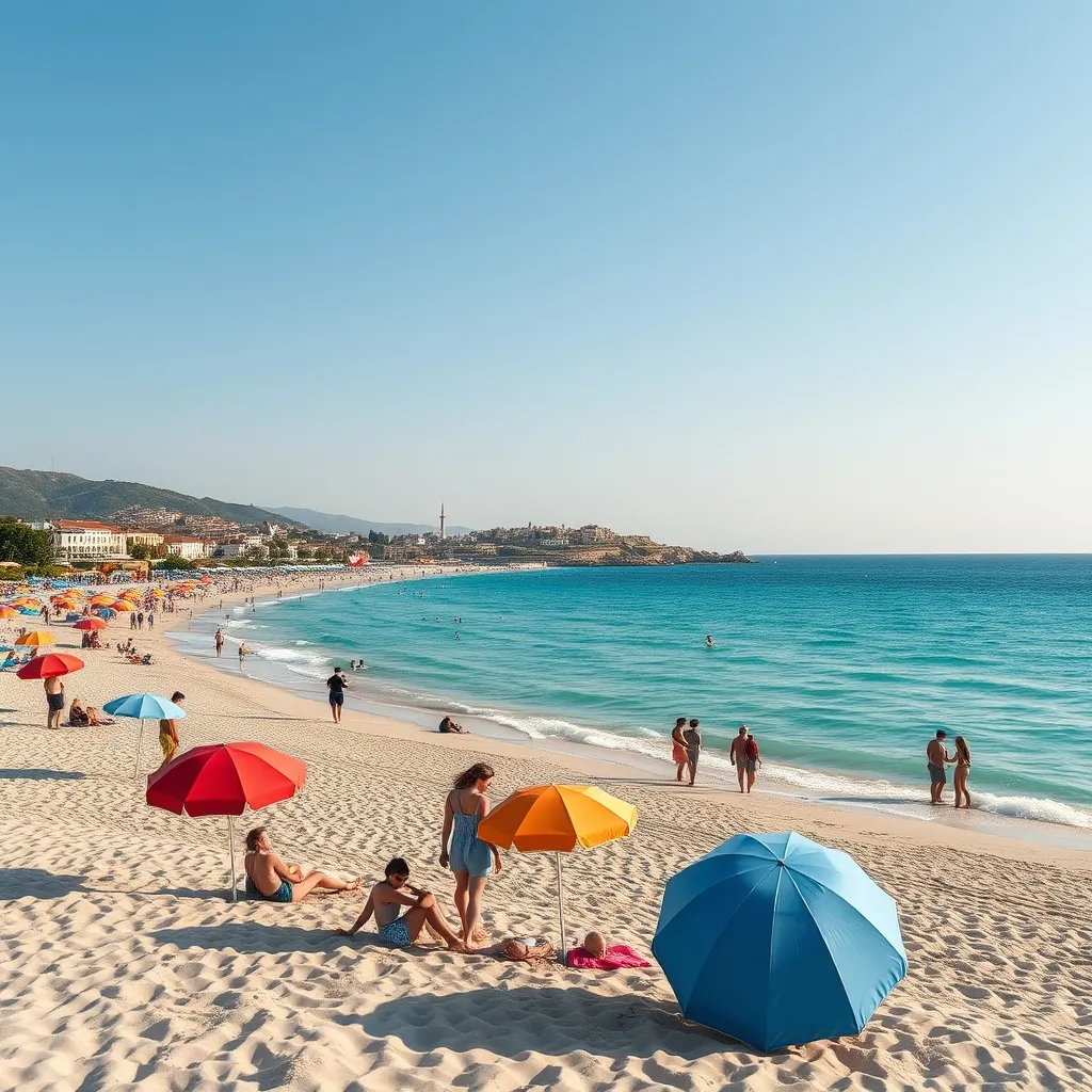 Plage de sable fin à Side avec ses eaux turquoise et la vieille ville en arrière-plan