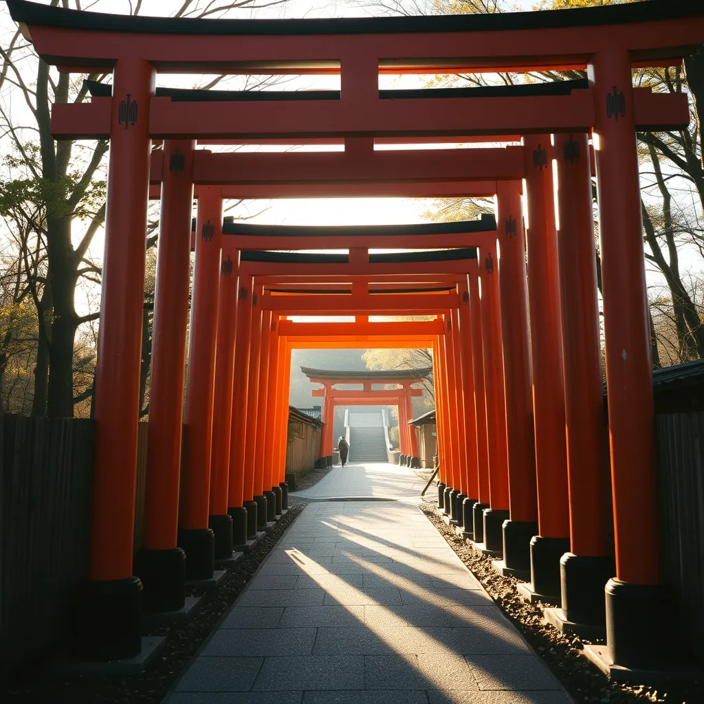 Les torii vermillon du sanctuaire Fushimi Inari à Kyoto au lever du soleil