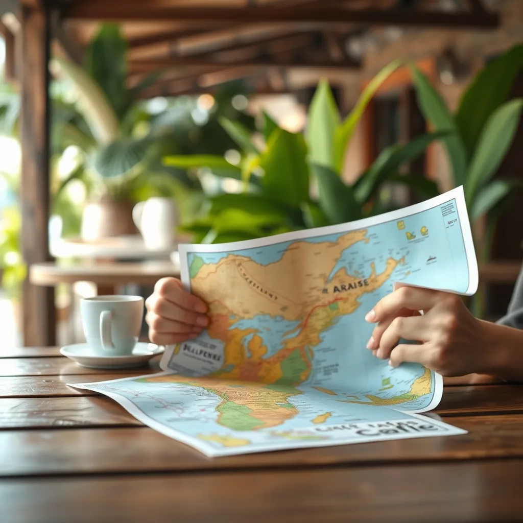 Consultation d'une carte touristique papier dans un café martiniquais