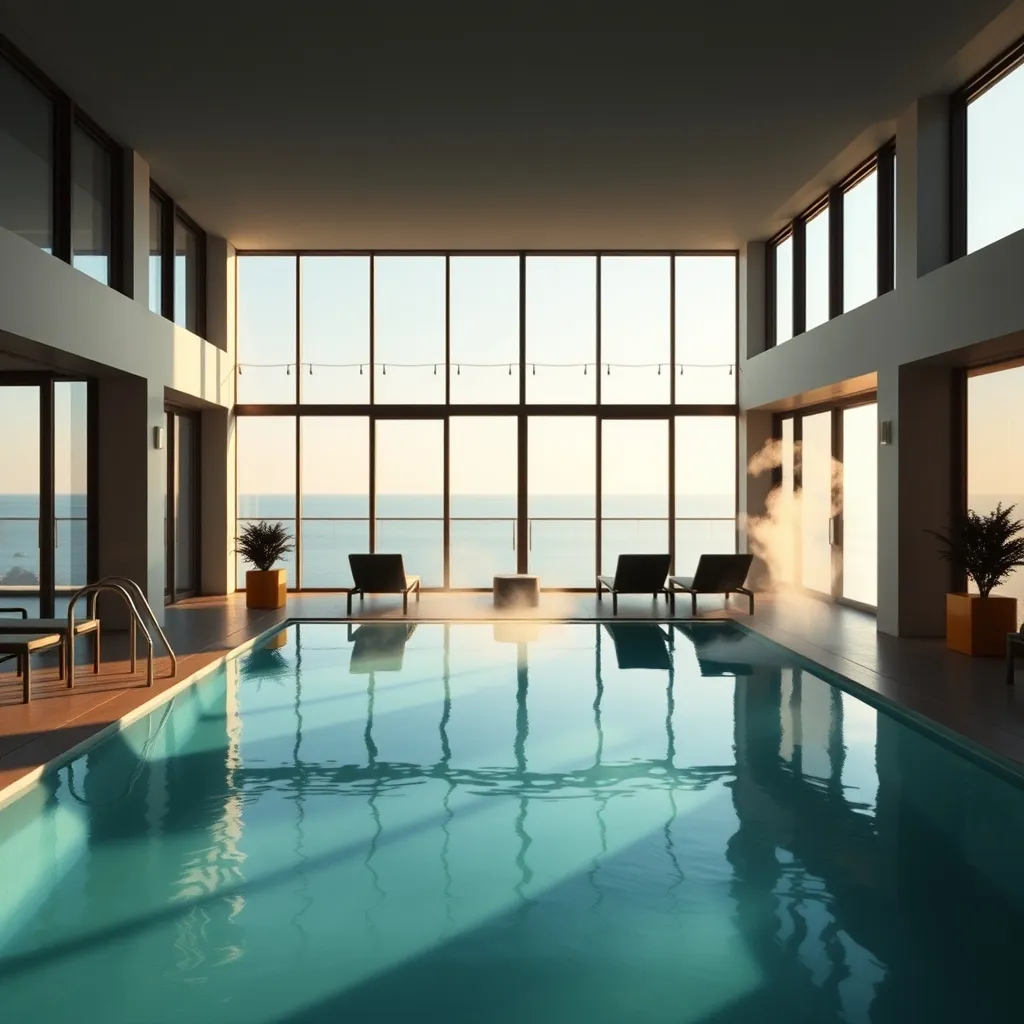 La piscine intérieure chauffée du spa avec vue sur l'Atlantique