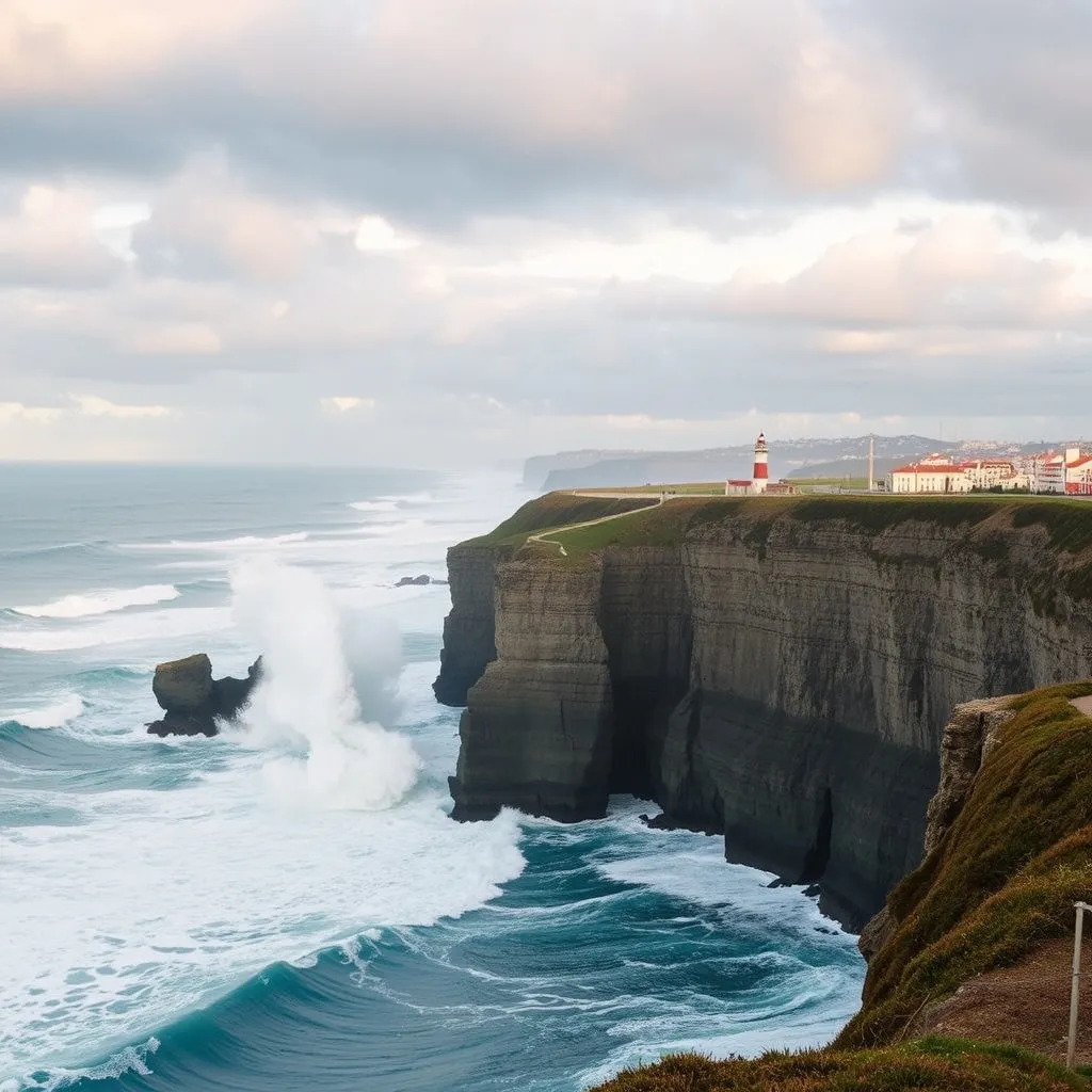 Les vagues spectaculaires de la Praia do Norte vues depuis le promontoire de Nazaré