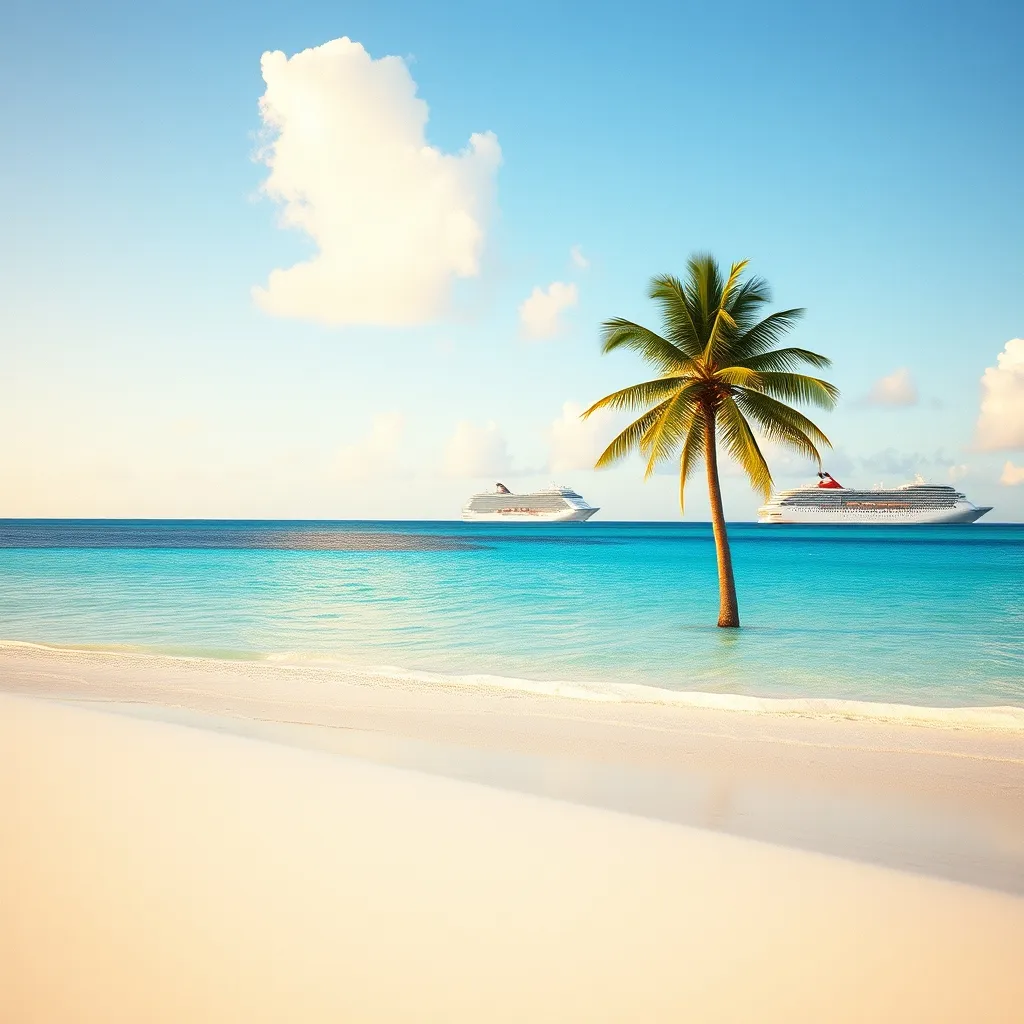 Plage de sable blanc lors d'une escale aux Bahamas avec le navire en arrière-plan
