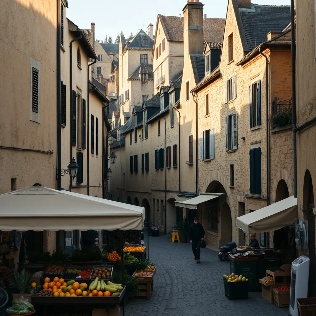 Les ruelles médiévales de Sarlat-la-Canéda un jour de marché en Périgord Noir