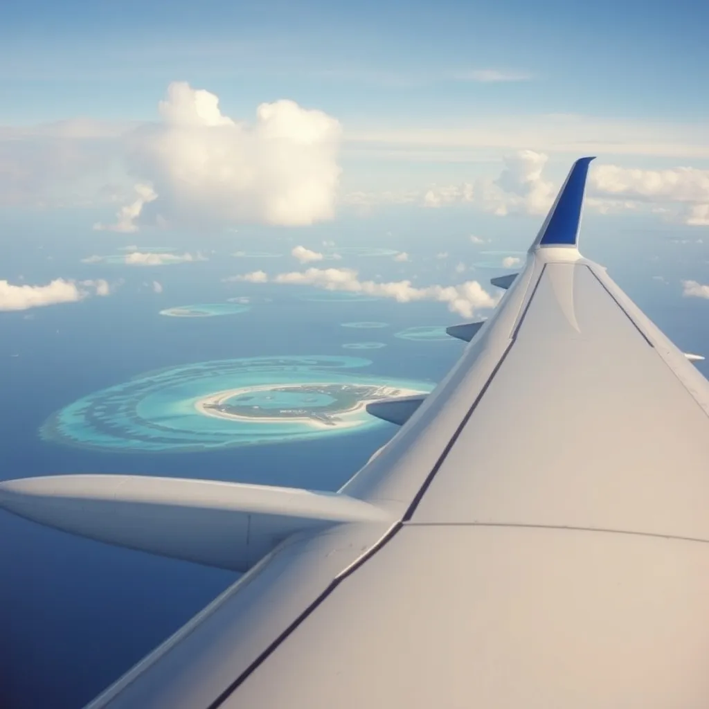 Un avion survolant un atoll maldivien avant l'atterrissage à Malé