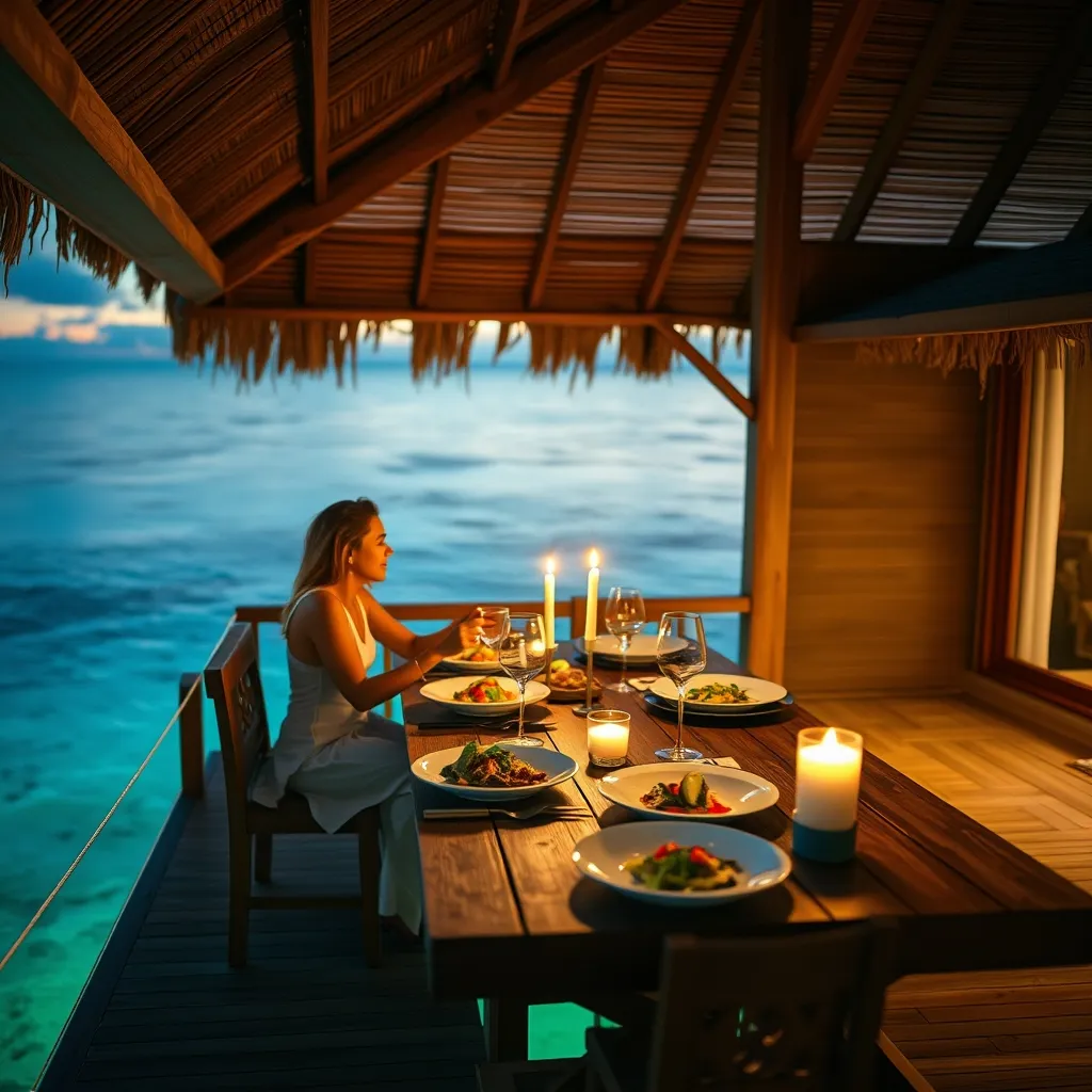 Dîner tout compris sur un ponton au-dessus du lagon dans un resort maldivien