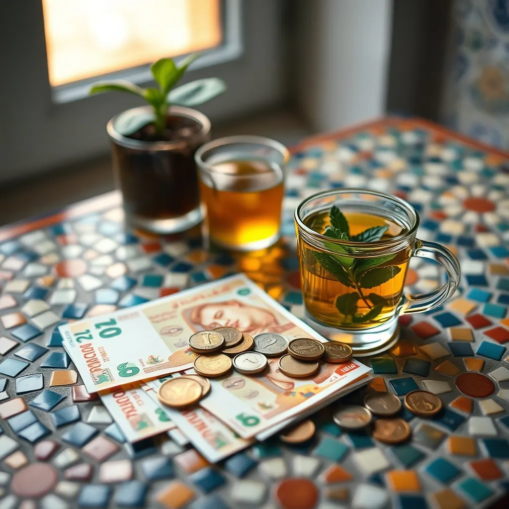 Billets et pièces de dirhams marocains à côté d'un thé à la menthe traditionnel
