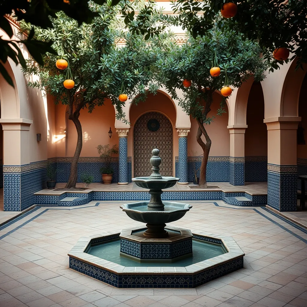Patio d'un riad traditionnel marocain avec fontaine en zellige et orangers