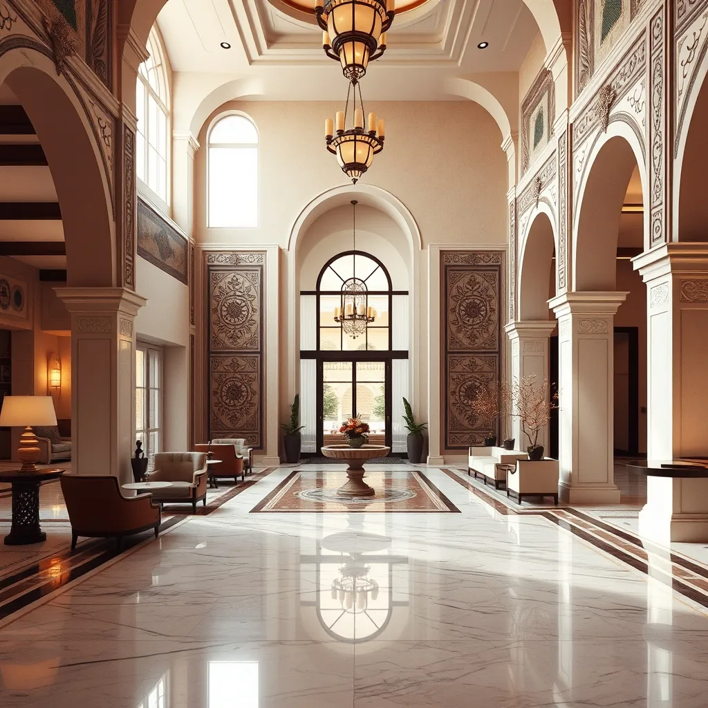 Hall d'accueil d'un hôtel 5 étoiles tunisien mêlant architecture mauresque et confort moderne