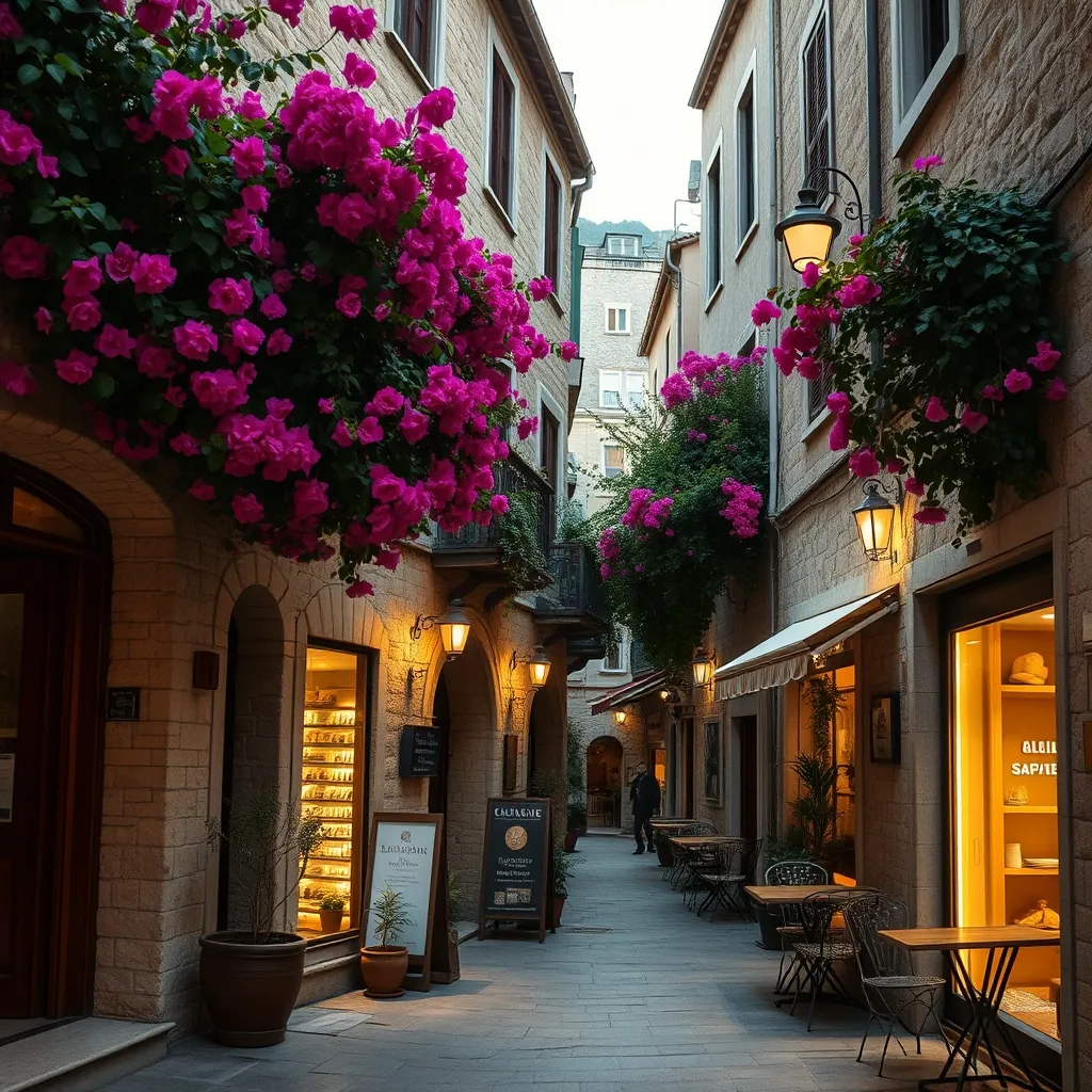 Ruelle pavée du centre historique de Side, entre boutiques artisanales et terrasses de restaurants