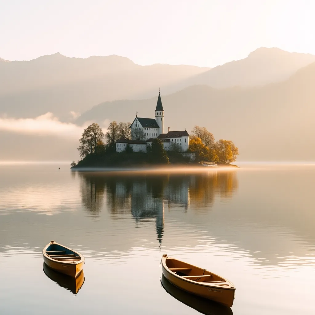 Le lac de Bled en Slovénie, avec son île et son château dominant les Alpes juliennes