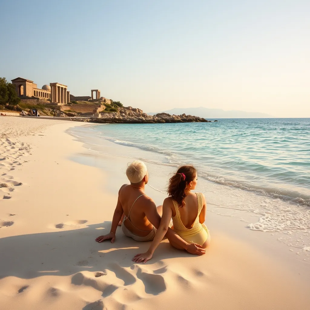 Plage de Side avec les vestiges antiques en arrière-plan