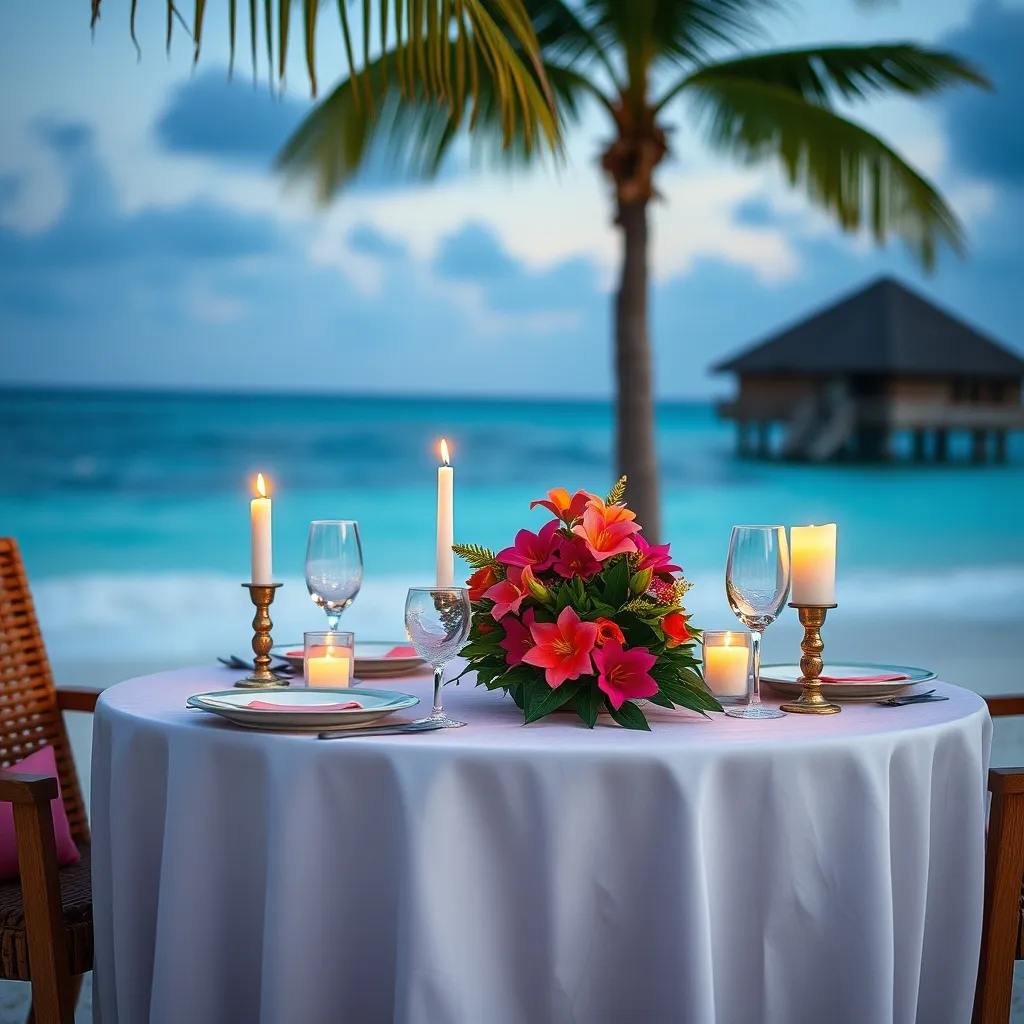 Dîner romantique sur la plage d'un resort maldivien, une expérience incontournable pour les jeunes mariés