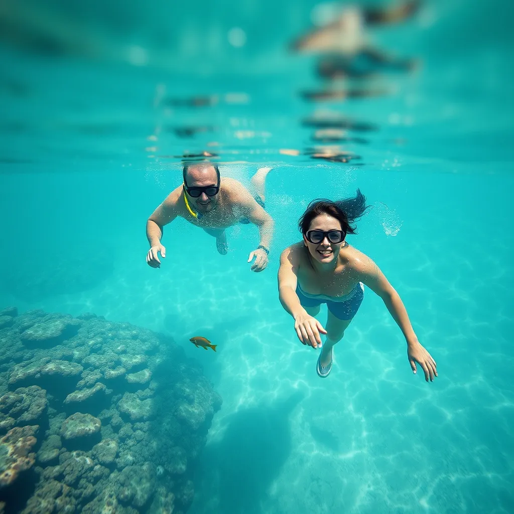 Snorkeling en couple au-dessus d'un récif corallien dans l'atoll d'Ari Sud aux Maldives