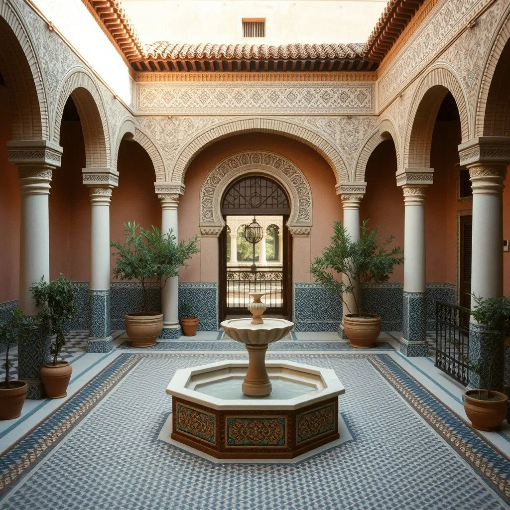 Cour intérieure d'un riad traditionnel à Fès avec zellige et fontaine