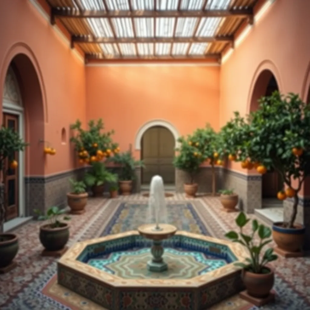 Cour intérieure d'un riad marocain typique avec fontaine en zellige