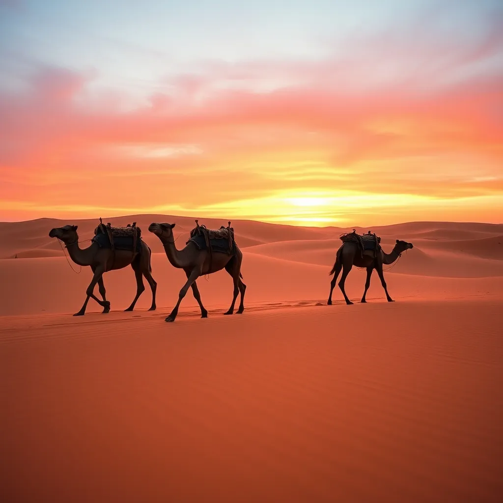 Caravane de dromadaires dans les dunes du Sahara marocain au coucher du soleil