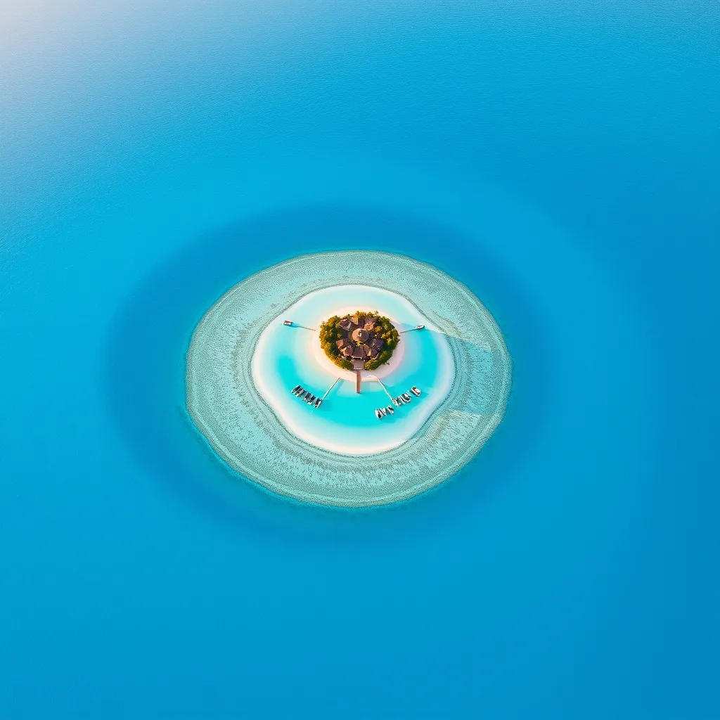Vue aérienne d'un atoll maldivien avec son récif corallien et son lagon aux eaux cristallines