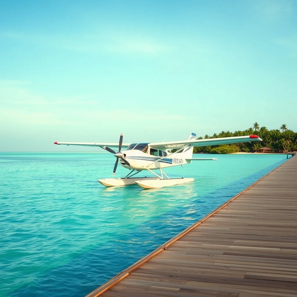 Un hydravion au ponton d'un resort maldivien, moyen de transfert depuis l'aéroport de Malé