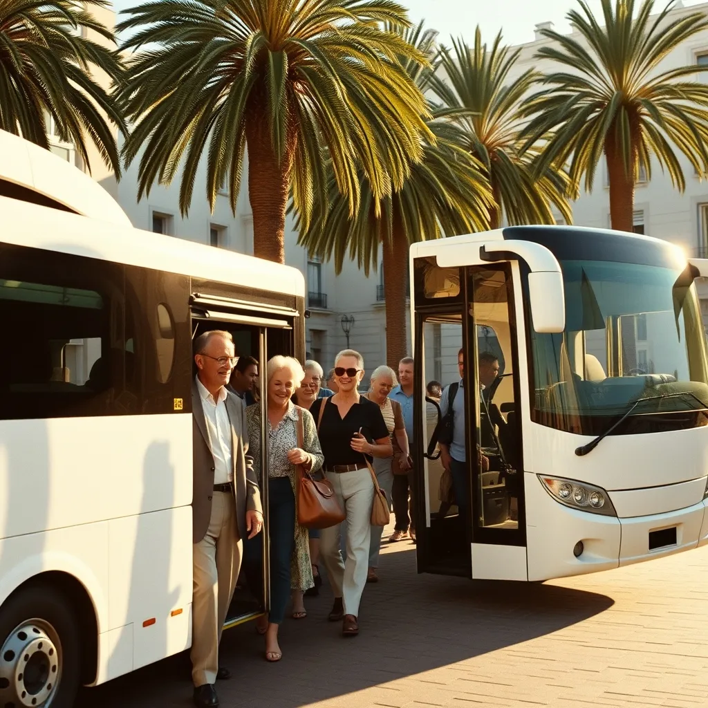Des voyageurs embarquent dans leur autocar sur une place ensoleillée d'Espagne