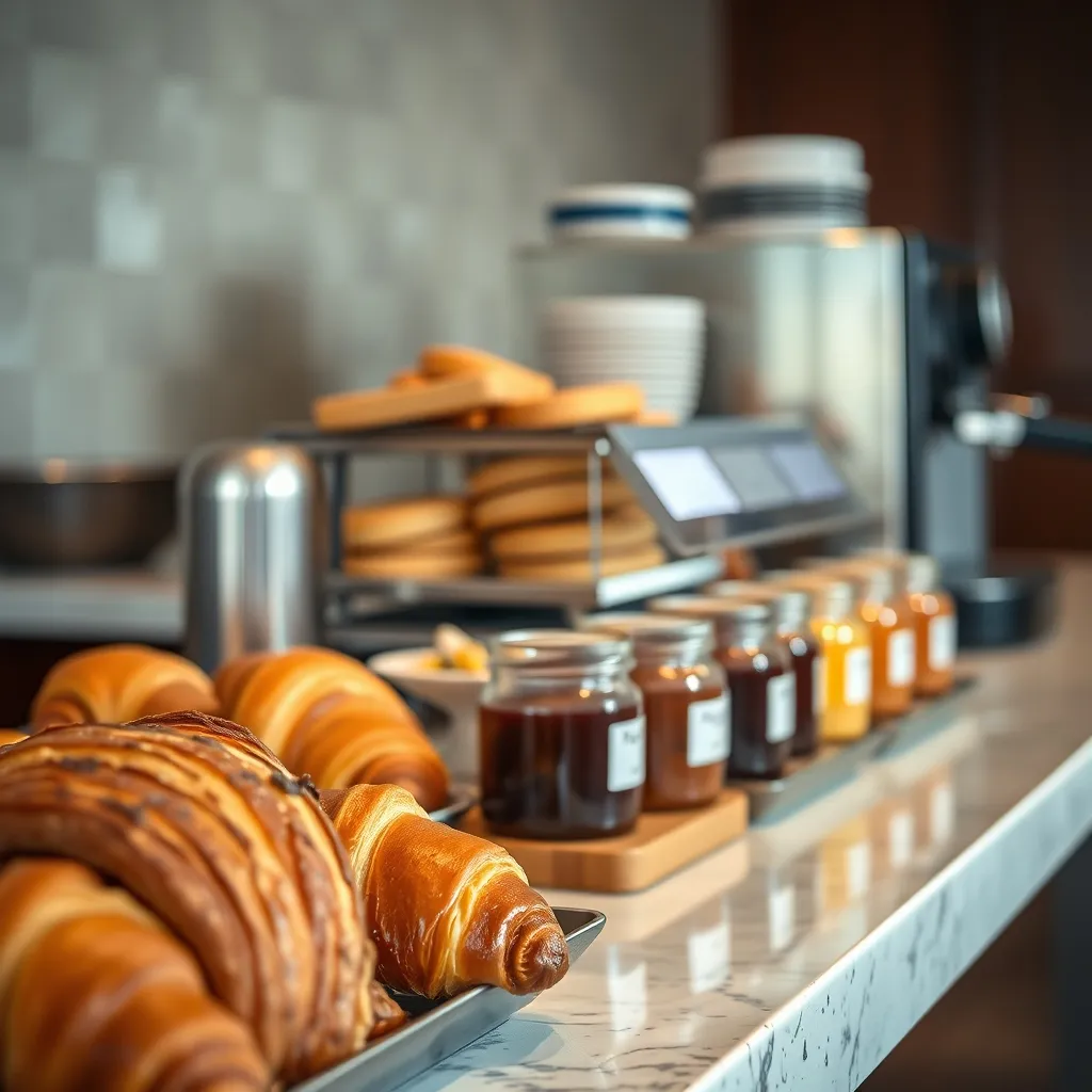 Détail d'un comptoir de viennoiseries et confitures artisanales dans un hôtel 3 étoiles
