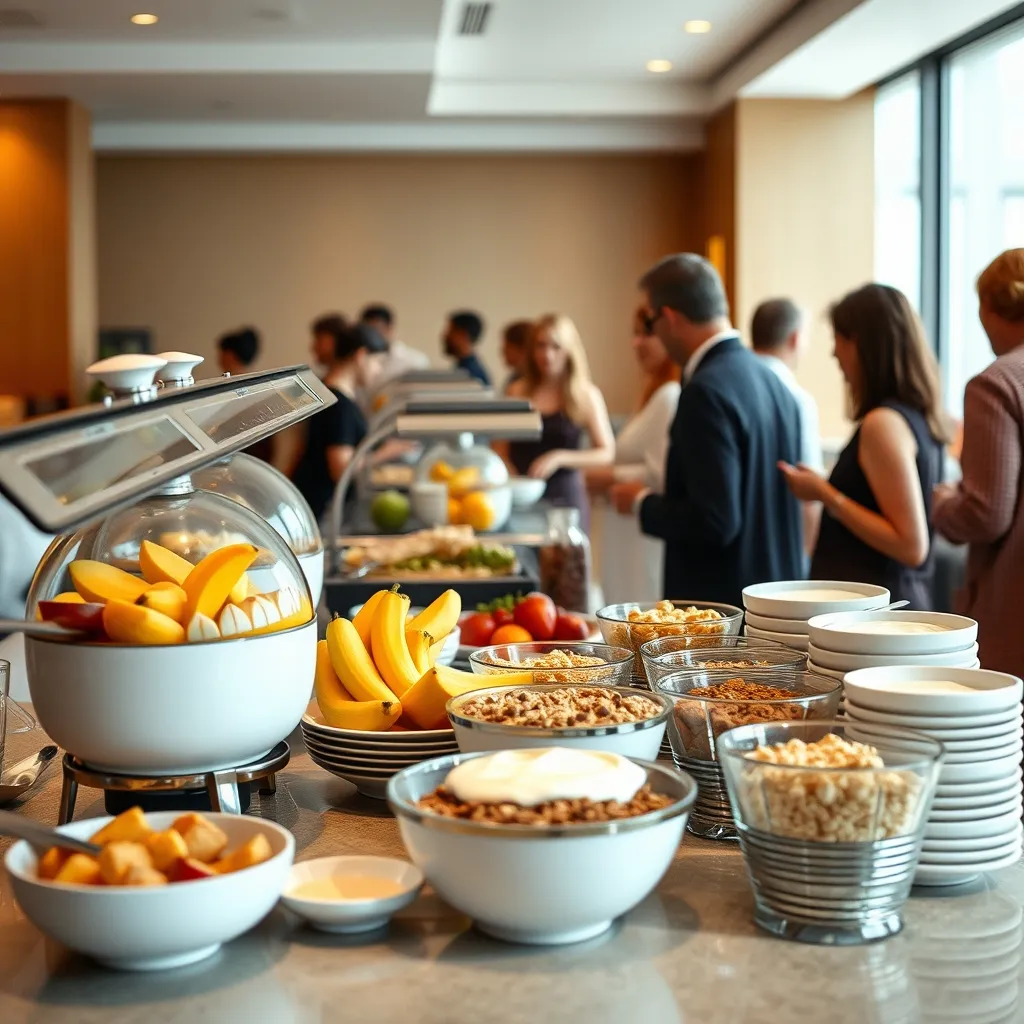 Espace fruits frais et produits laitiers d'un buffet matinal en salle de restaurant d'hôtel