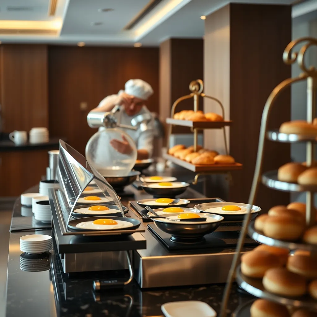 Station de cuisson d'œufs à la demande dans un buffet petit-déjeuner hôtel 4 étoiles
