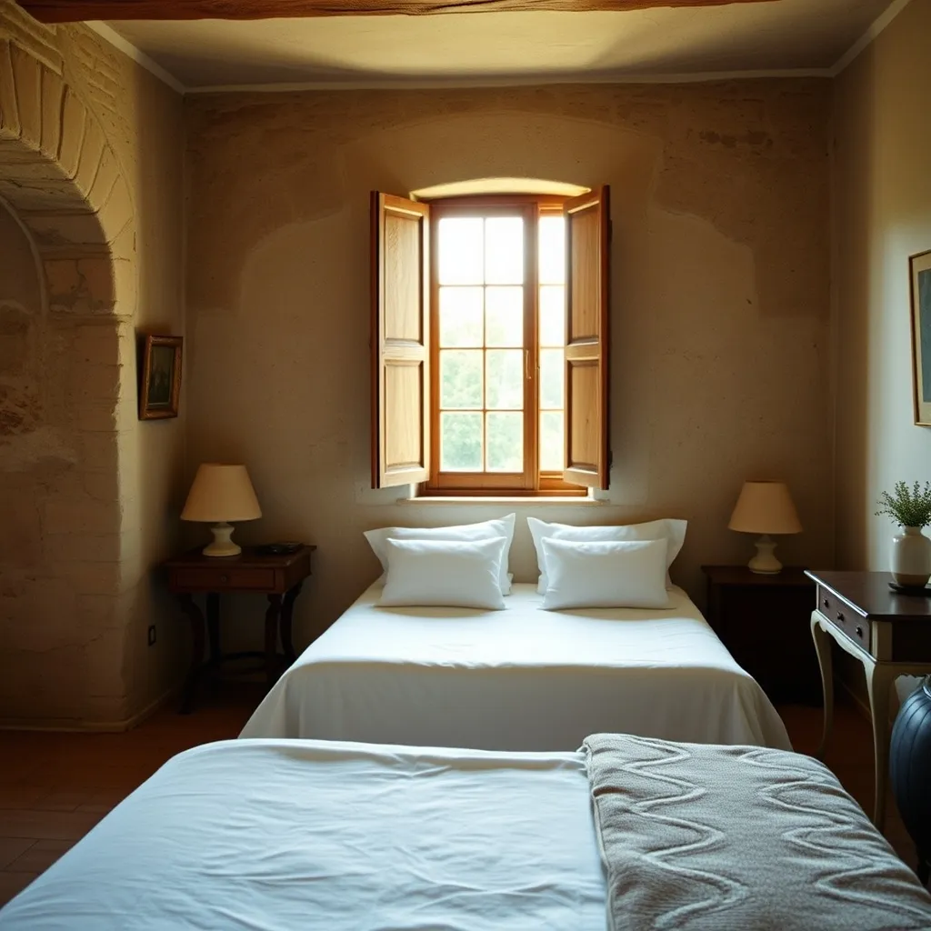 Chambre d'un hôtel de charme à Gordes avec pierres apparentes et mobilier provençal