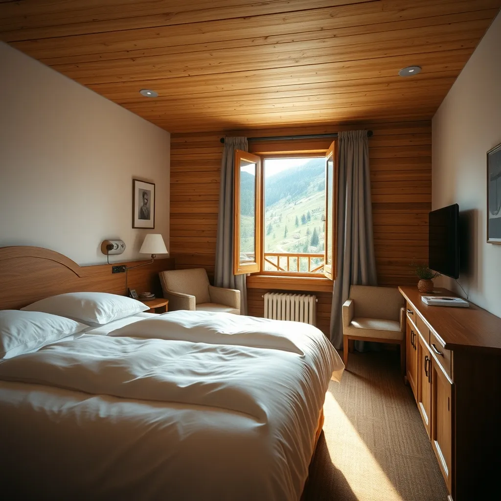 Chambre confortable d'un hôtel familial à Lourdes avec vue sur les collines environnantes