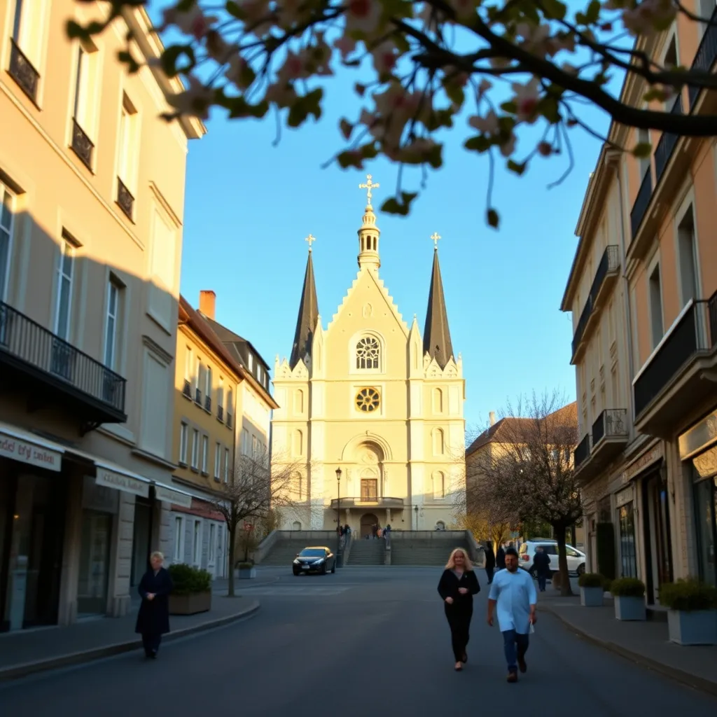 Le Sanctuaire de Lourdes vu depuis le boulevard bordé d'hôtels pour pèlerins