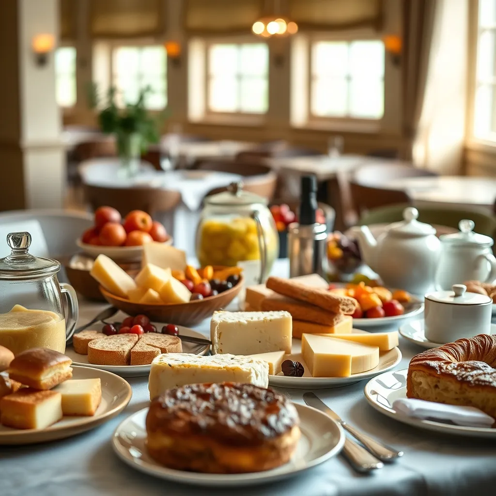 Buffet petit-déjeuner généreux avec produits régionaux des Pyrénées dans un hôtel de Lourdes